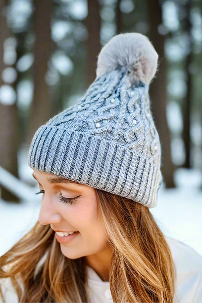 Gray Fur Pom Pearl Beanie-online exclusive