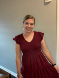 Maroon Flutter Sleeve Maxi Dress