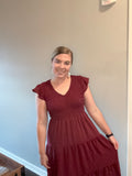 Maroon Flutter Sleeve Maxi Dress