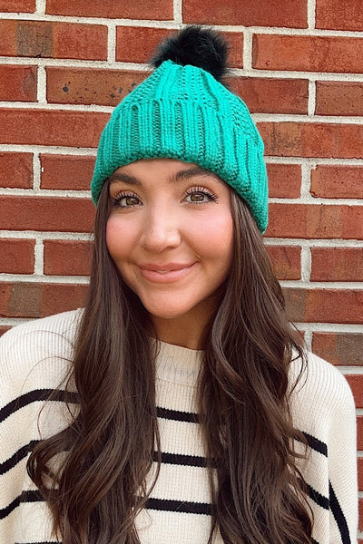 Green Satin Lined Pom Beanie (online exclusive)